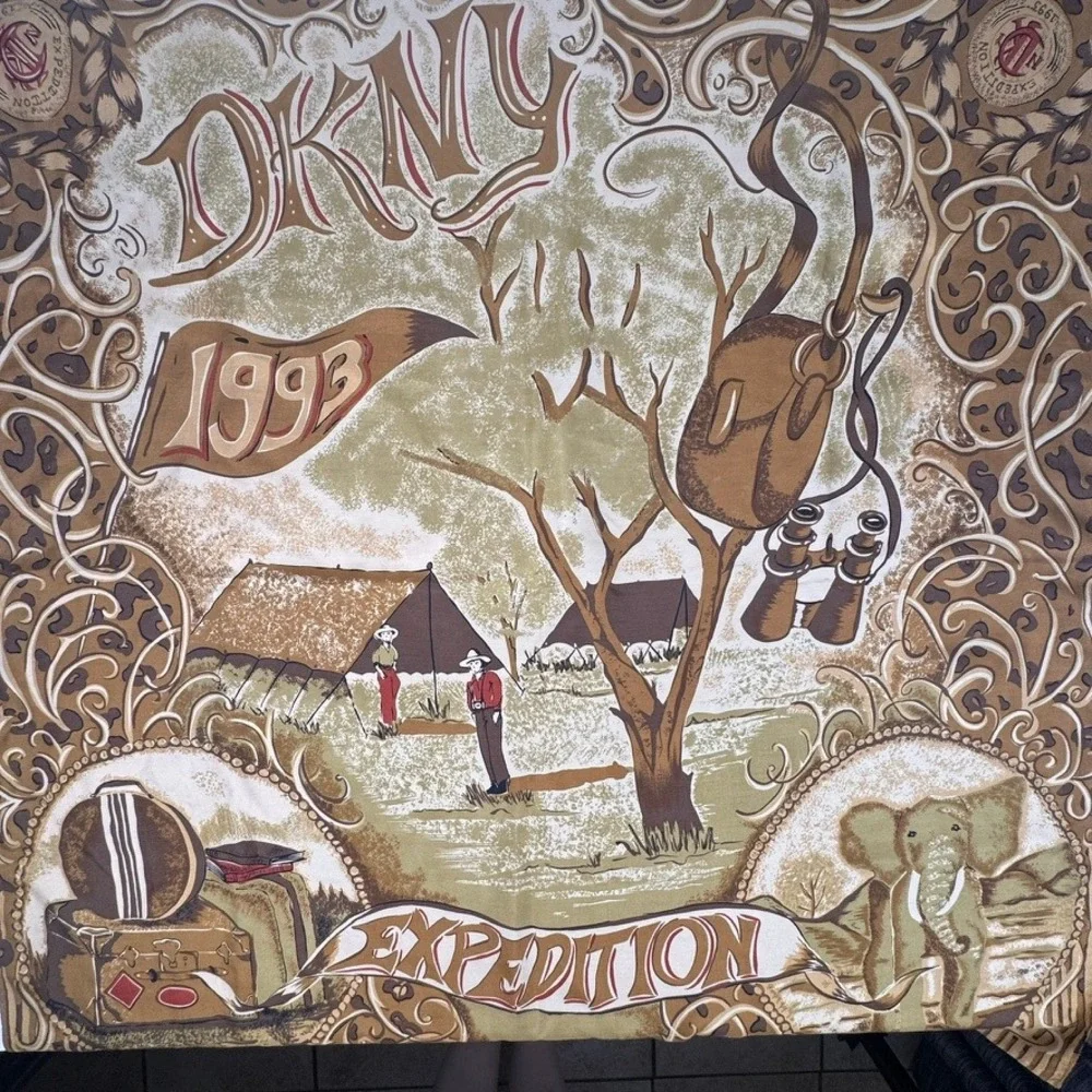 Vintage DKNY 1993 Expedition Scarf Safari Elephant Tan Brown Leopard Border